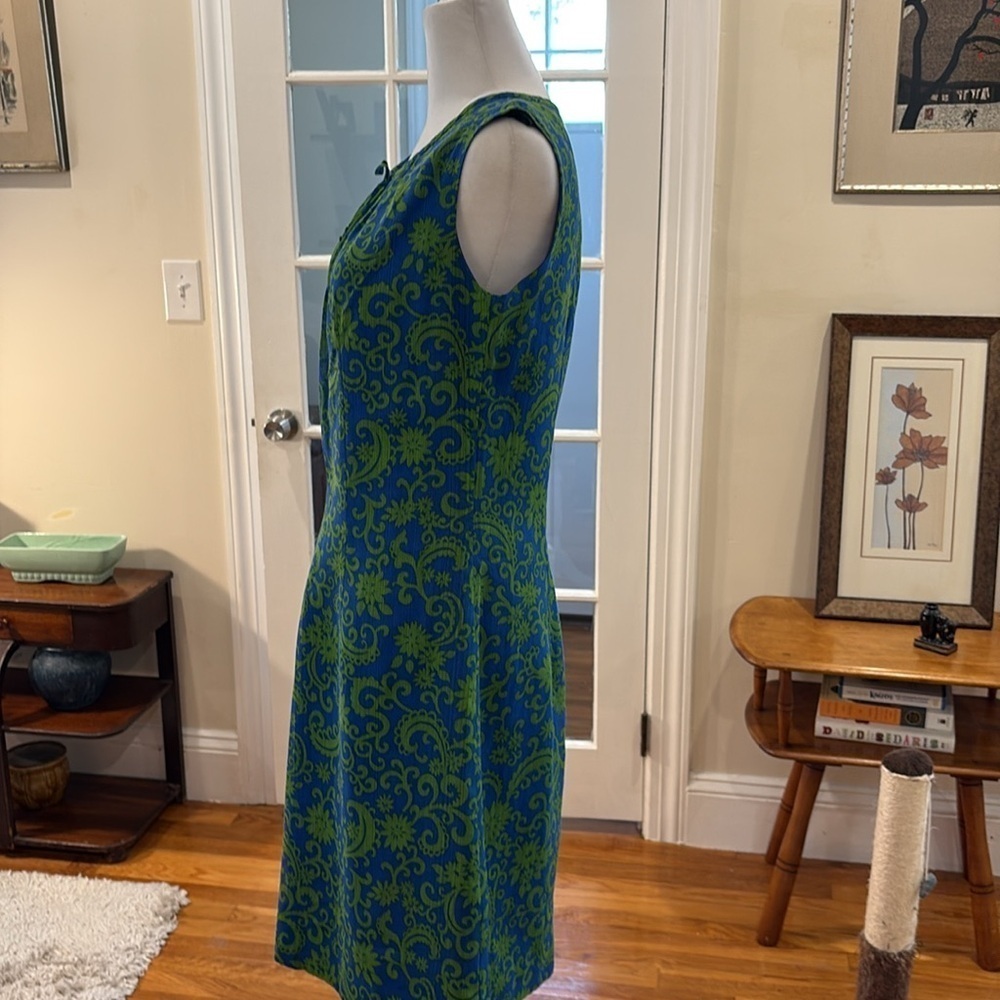 Vintage Eve Carver sleeveless dress. Dark blue with green design. Size M. - Picture 3 of 8